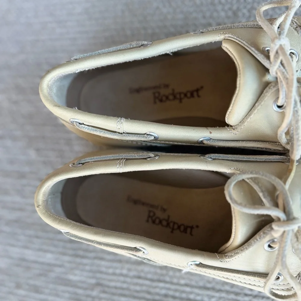 Vintage Rockport Tan Cream Leather Boat Shoes Loafers Size 9.5